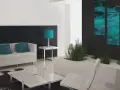 Nowoczesny salon z białymi meblami i turkusowymi poduszkami. Ściana ozdobiona obrazami z wodnymi motywami, a podłoga lśni niczym **kolor satynowy**.