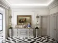 Elegancki hol z obrazem konia, geometryczną podłogą i sztukateriami. Styl art deco cechy widoczne w symetrii i luksusowych materiałach.