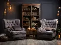 Przytulny salon z dwoma fotelami, regałem pełnym książek i klimatycznymi lampami. To właśnie steampunk co to – połączenie retro i fantastyki.