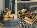 Jak zrobić flower box? Drewniane skrzynki z bratkami zdobią wejście do domu.