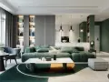 Nowoczesny styl amerykański salon z zieloną sofą, marmurowym stolikiem i geometrycznym dywanem.