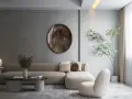 Nowoczesny salon w stylu japońskim z beżową sofą, okrągłym stolikiem i drzewkiem bonsai.