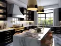 Nowoczesna kuchnia z wyspą, czarnymi szafkami i złotymi detalami. Styl dworkowy wnętrza podkreślają eleganckie lampy i marmurowe blaty.