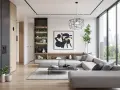 Jasny salon w **modern styl** z szarą sofą, czarnym stolikiem kawowym i regałem z roślinami. Duże okno z widokiem na miasto.