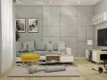 Jak ożywić szary salon? Dodaj żółty fotel i kolorowe obrazy. Wygodna sofa i dywanik tworzą przytulną przestrzeń.