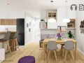 Nowoczesna kuchnia i jadalnia. Białe meble, drewniane akcenty i szare krzesła. Dowiedz się, jak łączyć kolory ścian, by stworzyć harmonijną przestrzeń.