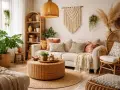 Przytulny salon w stylu boho. Dominują naturalne materiały i ciepłe kolory boho, takie jak rattan, juta i len. Dużo roślinności i makramy.