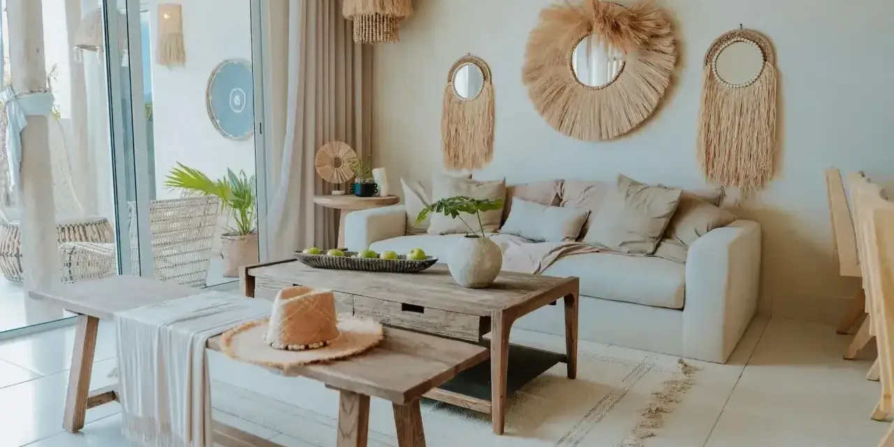 Przytulny salon w stylu bohema. Jasna sofa, drewniane meble, plecione dekoracje i słomkowy kapelusz tworzą relaksującą atmosferę.
