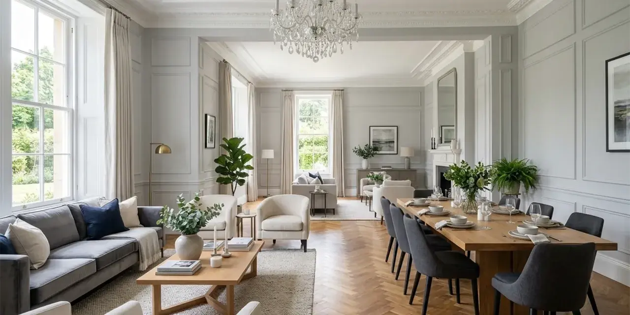 Elegancki salon w stylu angielskim, z szarą sofą, drewnianym stołem i kryształowym żyrandolem. Inspiracje dla Twojego domu.