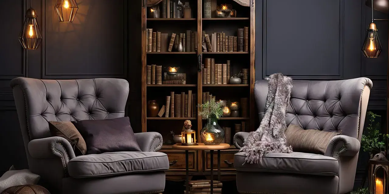 Przytulny salon z dwoma fotelami, regałem pełnym książek i klimatycznymi lampami. To właśnie steampunk co to – połączenie retro i fantastyki.
