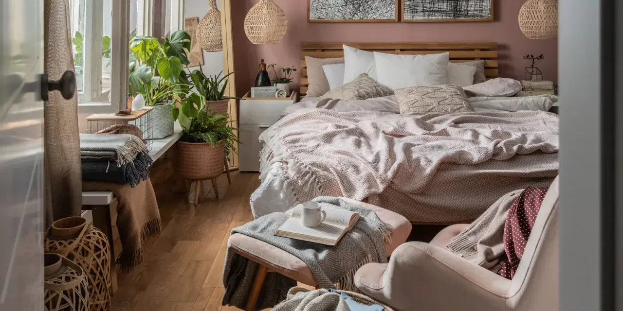 Przytulna sypialnia w stylu boho z dużą ilością roślin, plecionymi lampami i miękkimi tekstyliami.