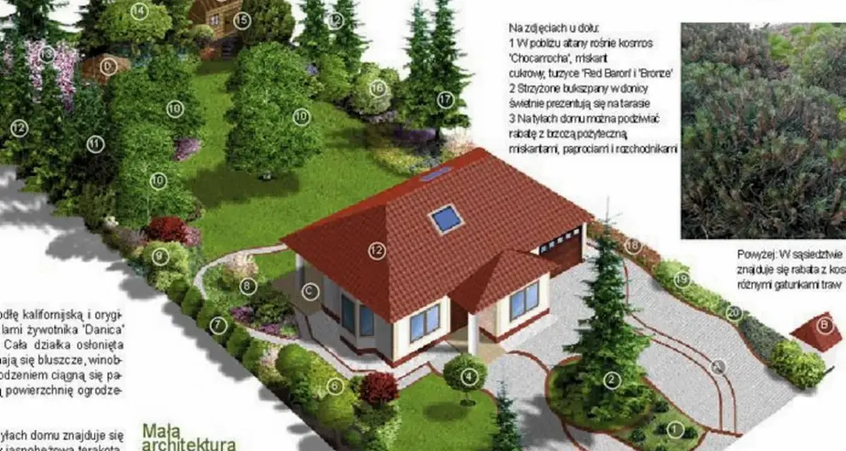Ogród przed domem na wsi z licznymi nasadzeniami, ścieżkami i elementami małej architektury.