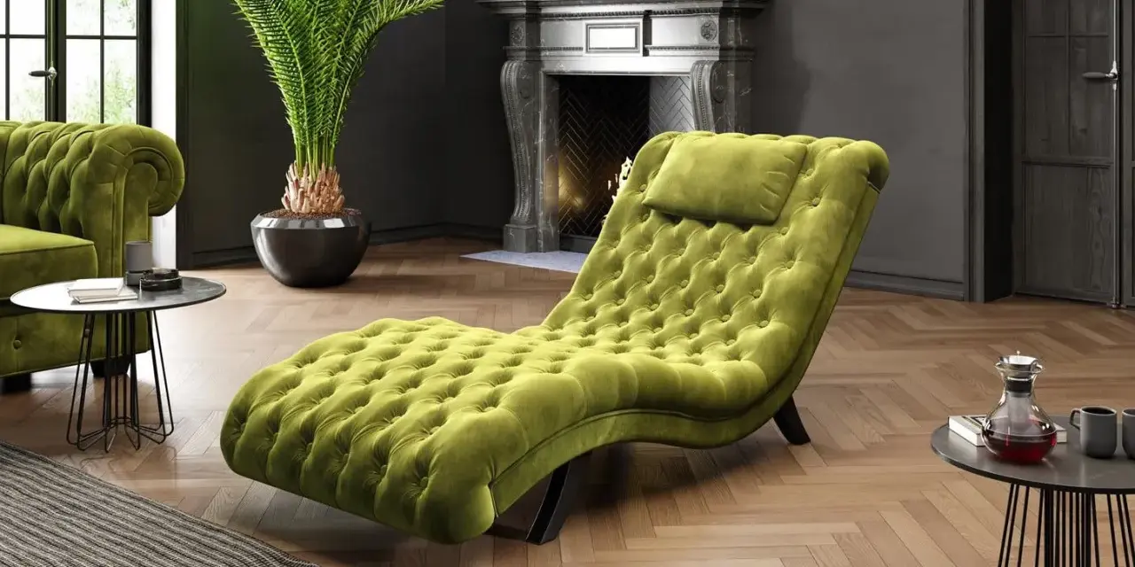 Szezlong co to? Luksusowy, zielony szezlong z pikowanymi guzikami, idealny do relaksu w eleganckim salonie.