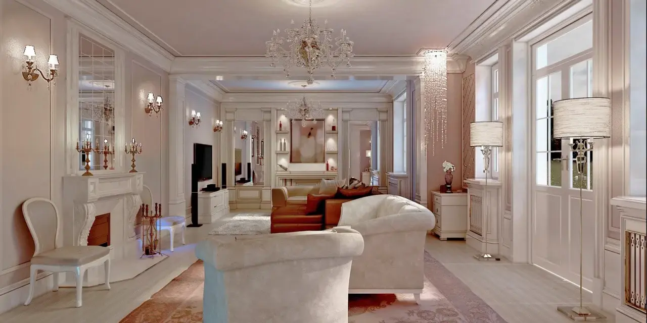Elegancki salon w stylu francuskim z kryształowymi żyrandolami, kominkiem i wygodnymi sofami.