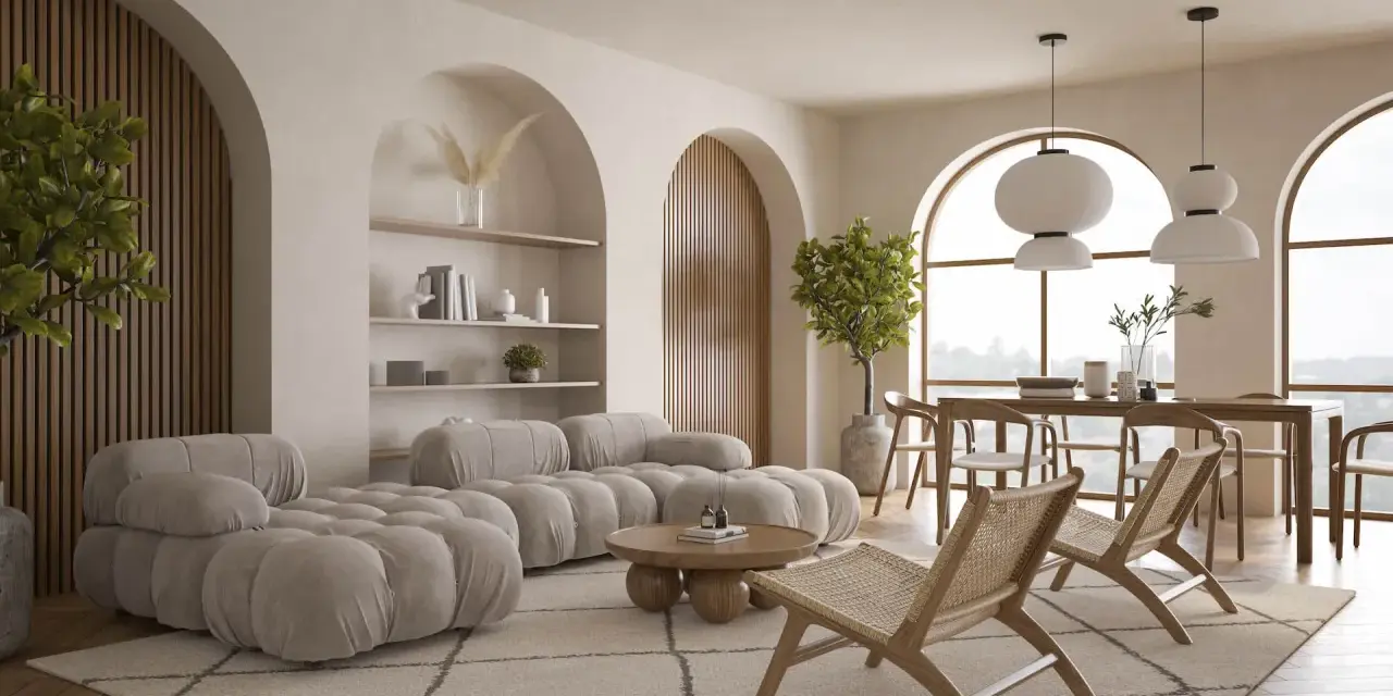 Miękka sofa i fotele w salonie o alabastrowym kolorze, z drewnianymi elementami i roślinnością.
