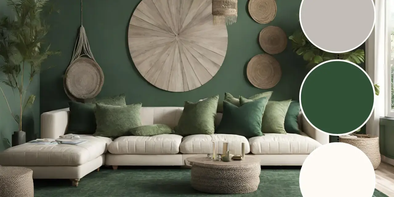 Nowoczesny zielony salon aranżacje: kremowa sofa, dywan w odcieniu lasu, plecione dekoracje ścienne i naturalne materiały tworzą przytulną atmosferę.