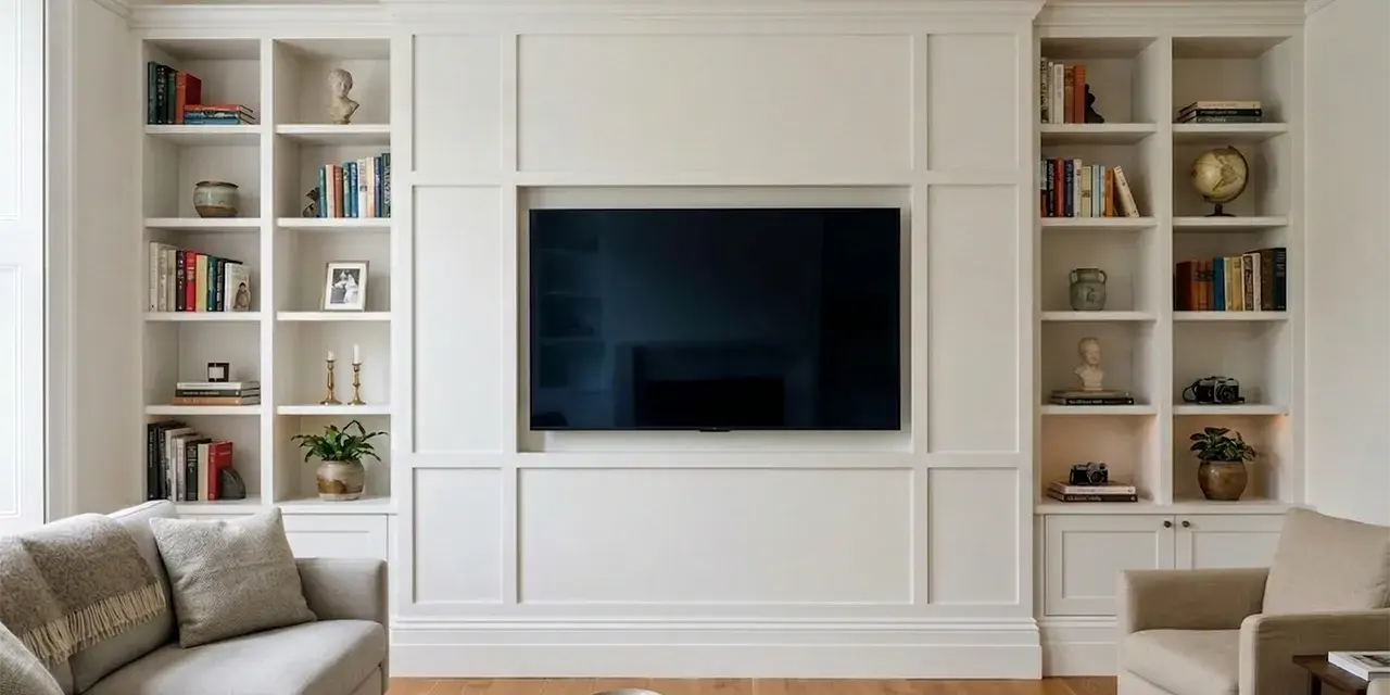 Eleganckie wnętrze w stylu angielskim z wbudowanymi białymi regałami pełnymi książek i dekoracji, centralnie umieszczonym telewizorem i wygodnymi sofami.