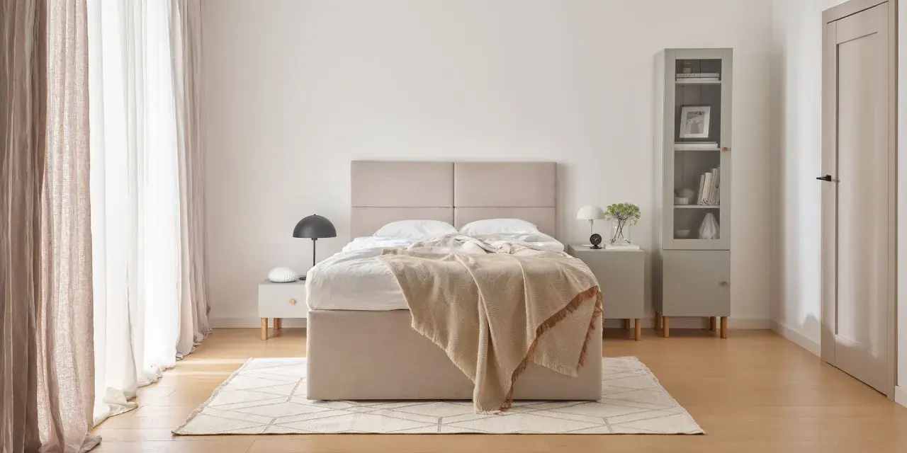 Beżowa sypialnia inspiracje: przytulne łóżko z narzutą, jasne zasłony i minimalistyczne meble tworzą spokojną atmosferę.