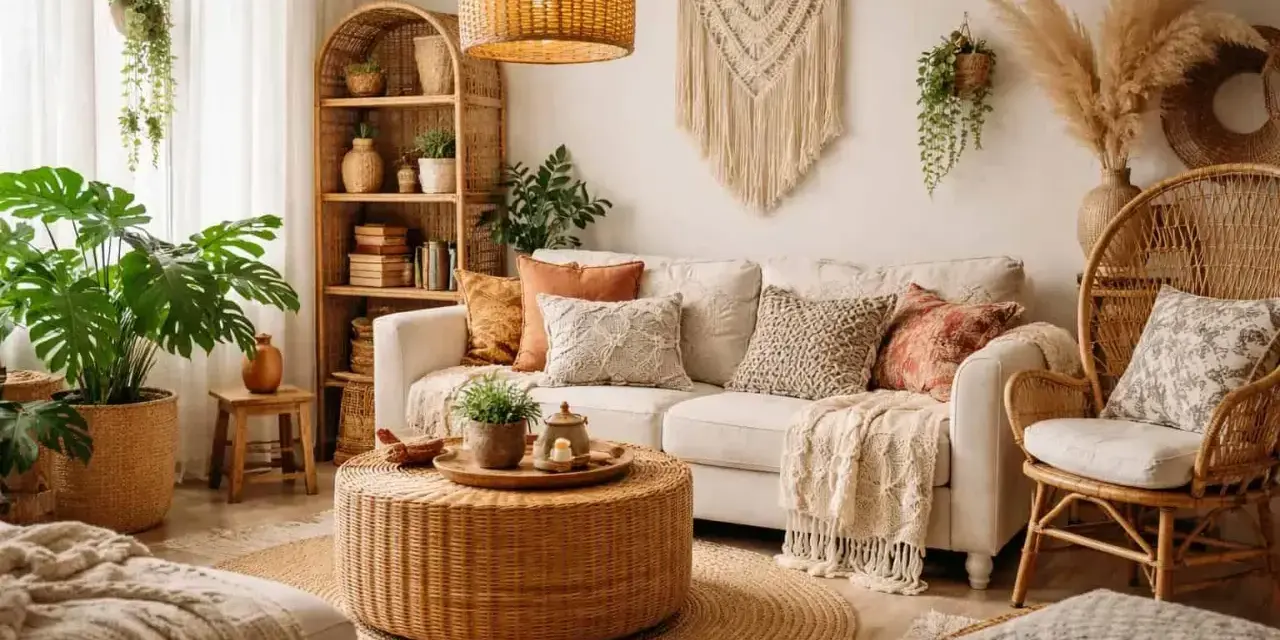 Przytulna sypialnia w stylu boho. Wygodna kanapa, rattanowe meble, makrama na ścianie i mnóstwo roślin tworzą relaksującą atmosferę.