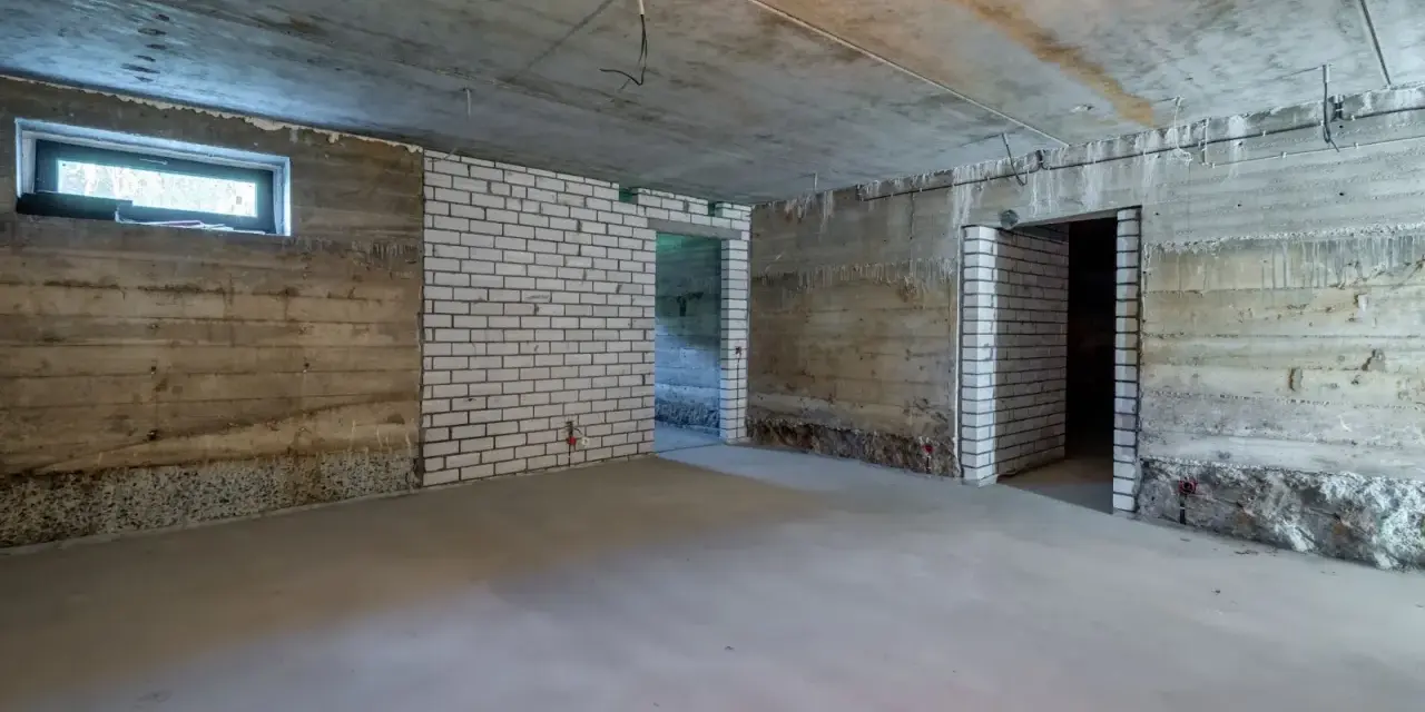 Surowa piwnica ziemna z betonowymi ścianami, białymi ceglanymi wstawkami i oknem. Widać przygotowania do wentylacji piwnicy ziemnej.