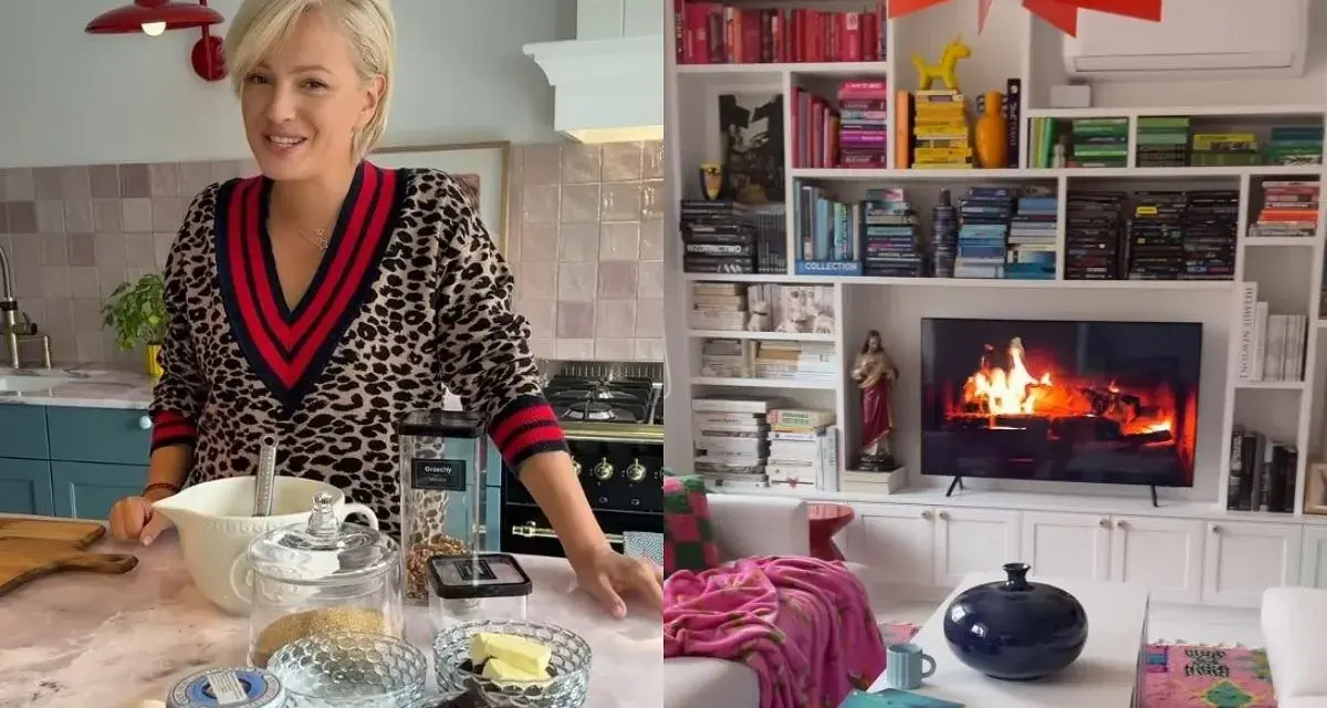 Dorota Szelągowska w kuchni, obok składniki na ciasto. Po prawej salon z kominkiem na ekranie, inspiracja na aranżacja salonu.
