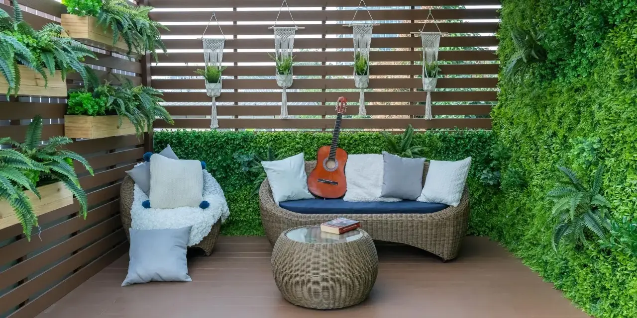 Zielony, bujny balkon w bloku z rattanowymi meblami, gitarą i książką. Idealne miejsce na relaks.
