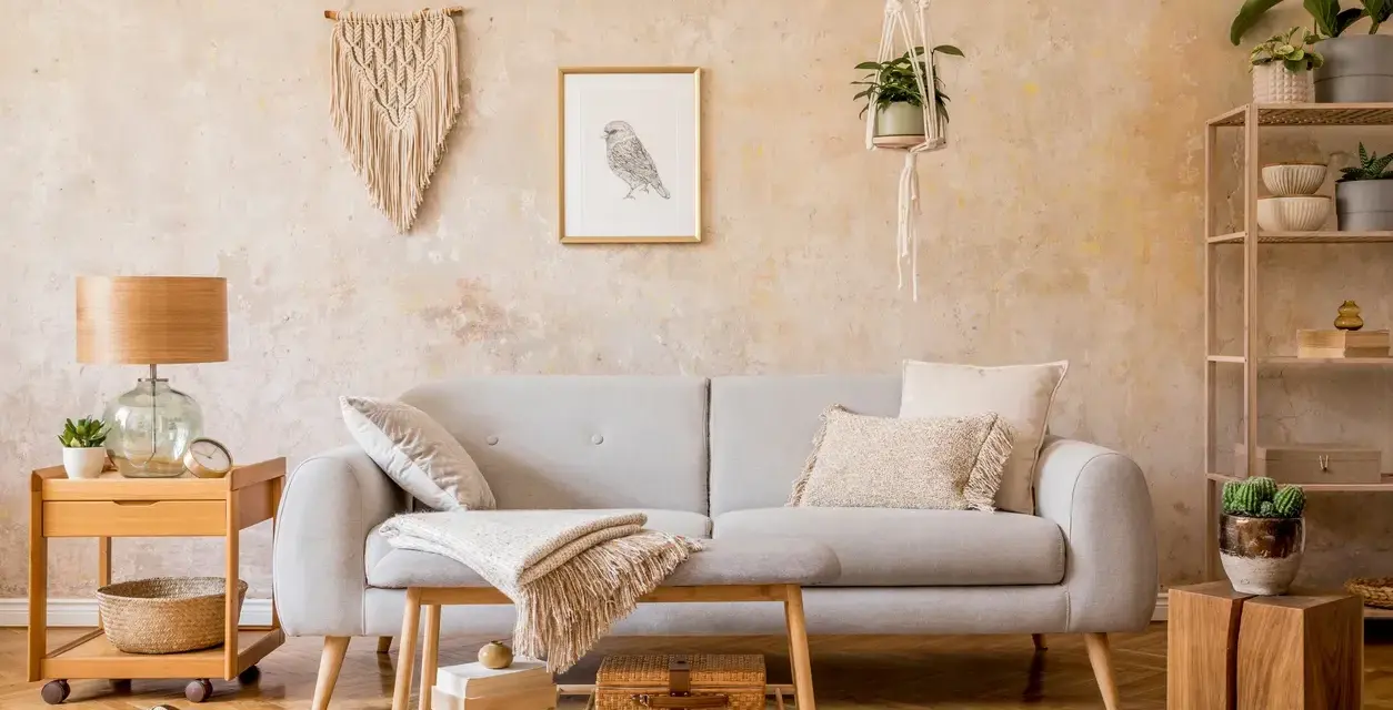 Przytulny salon w stylu boho: szara kanapa, makrama na ścianie, drewniane meble i rośliny tworzą relaksującą atmosferę.