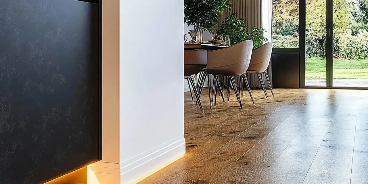 Nowoczesne wnętrze z drewnianą podłogą i subtelnym oświetleniem LED. Eleganckie rozwiązanie co zamiast listew przypodłogowych.