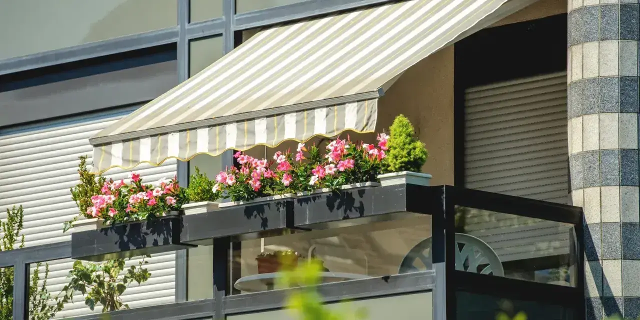 Zadaszenie balkonu z markizą i kwitnącymi kwiatami to świetny sposób, jak osłonić balkon przed słońcem i deszczem.