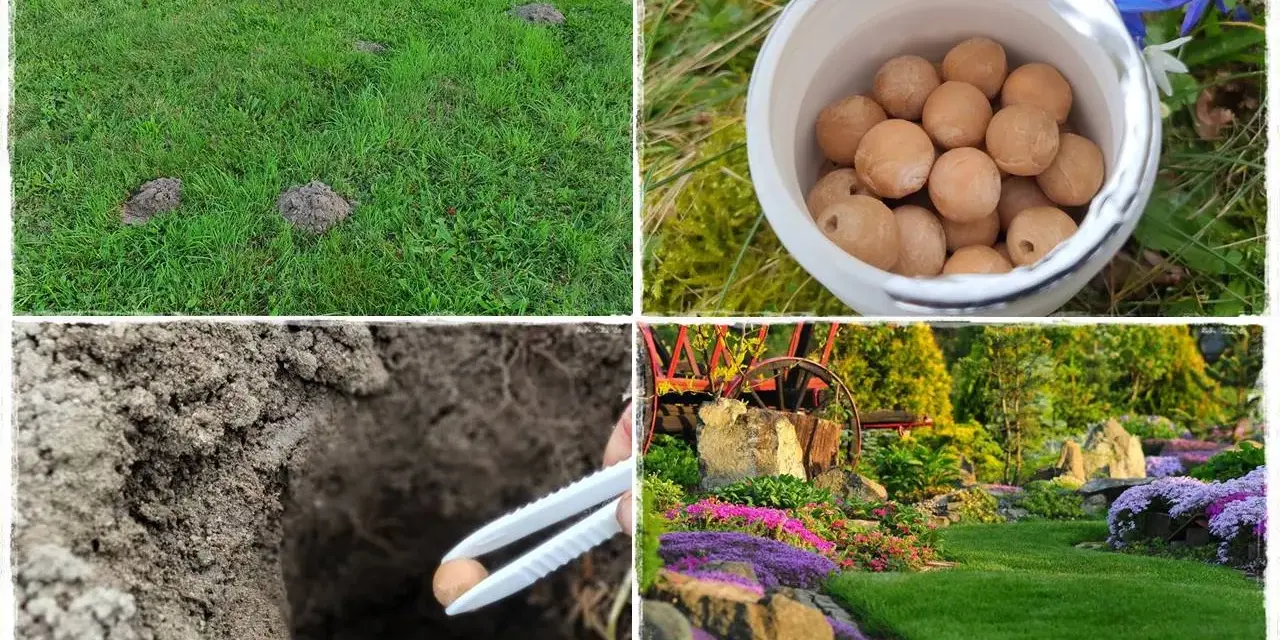Domowe sposoby na krety: kopce na trawniku, pojemnik z kulkami, wkładanie kulki do nory, piękny ogród.