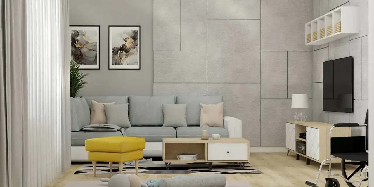 Jak ożywić szary salon? Dodaj żółty fotel i kolorowe obrazy. Wygodna sofa i dywanik tworzą przytulną przestrzeń.