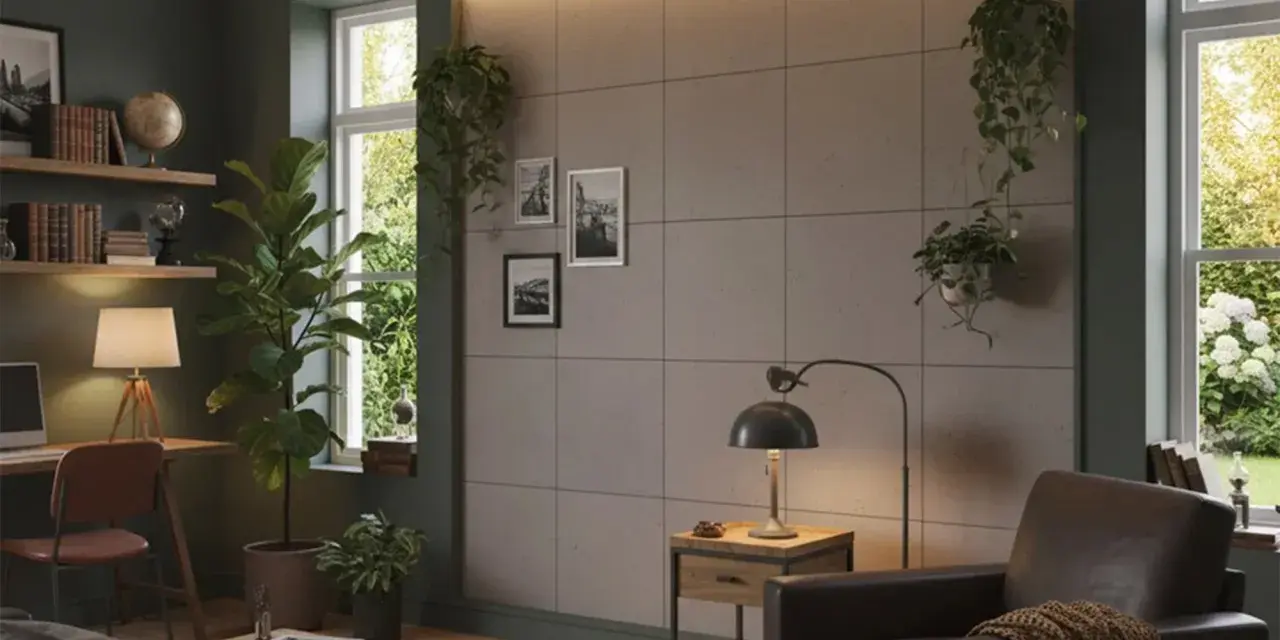 Nowoczesny salon z betonową ścianą, wiszącymi roślinami i wygodnym fotelem.