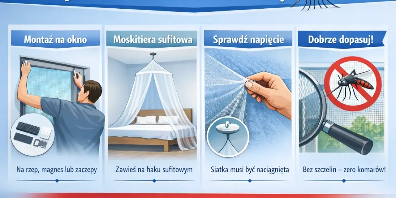 Instrukcja montażu moskitiery okiennej: na rzep, magnes lub zaczepy. Zawieś moskitierę sufitową na haku. Siatka musi być naciągnięta. Bez szczelin, zero komarów!