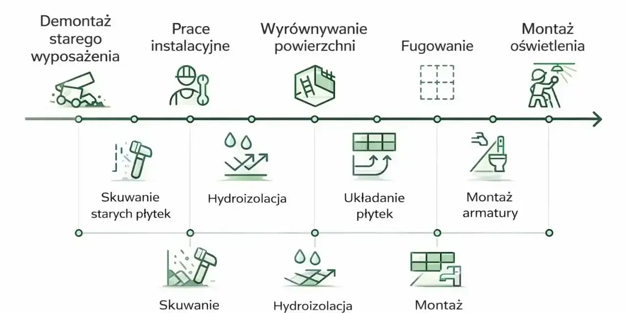 Etapy remontu starego domu: demontaż, instalacje, wyrównanie, fugowanie, montaż armatury i oświetlenia.