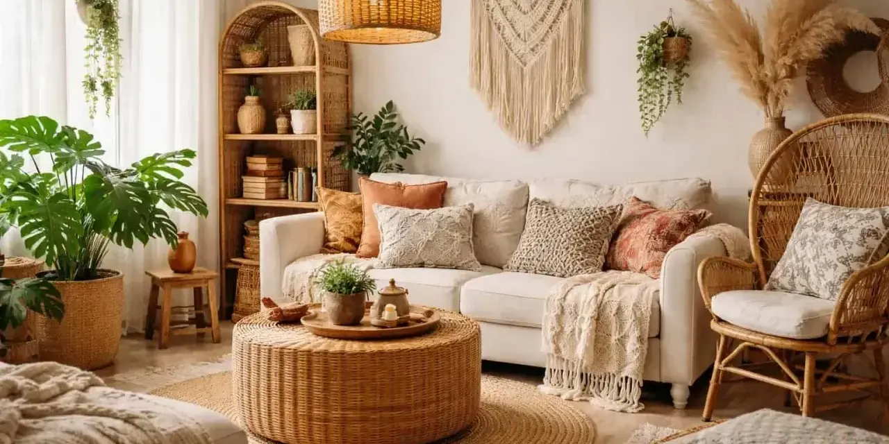 Przytulny salon w stylu boho. Dominują naturalne materiały i ciepłe kolory boho, takie jak rattan, juta i len. Dużo roślinności i makramy.