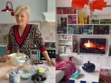 Dorota Szelągowska w kuchni, obok składniki na ciasto. Po prawej salon z kominkiem na ekranie, inspiracja na aranżacja salonu.