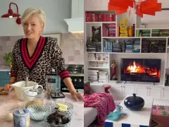 Dorota Szelągowska w kuchni, obok składniki na ciasto. Po prawej salon z kominkiem na ekranie, inspiracja na aranżacja salonu.