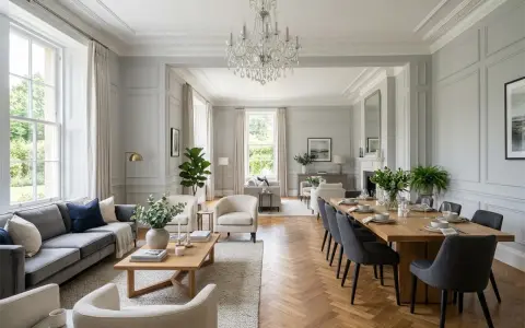 Elegancki salon w stylu angielskim, z szarą sofą, drewnianym stołem i kryształowym żyrandolem. Inspiracje dla Twojego domu.