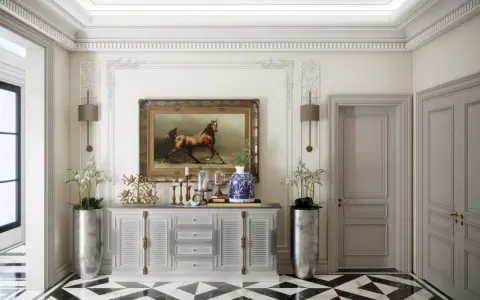 Elegancki hol z obrazem konia, geometryczną podłogą i sztukateriami. Styl art deco cechy widoczne w symetrii i luksusowych materiałach.