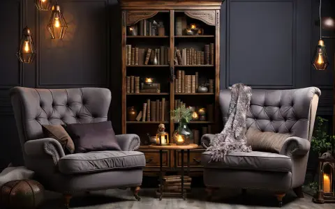 Przytulny salon z dwoma fotelami, regałem pełnym książek i klimatycznymi lampami. To właśnie steampunk co to – połączenie retro i fantastyki.