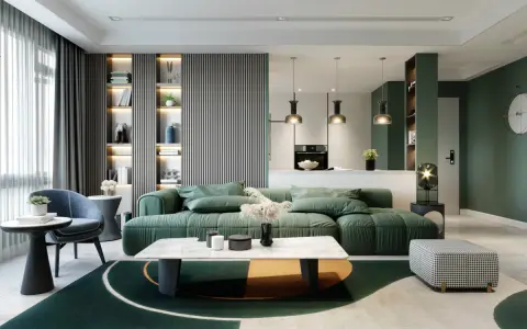 Nowoczesny styl amerykański salon z zieloną sofą, marmurowym stolikiem i geometrycznym dywanem.