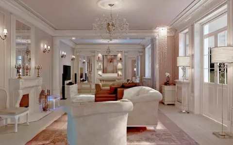 Elegancki salon w stylu francuskim z kryształowymi żyrandolami, kominkiem i wygodnymi sofami.