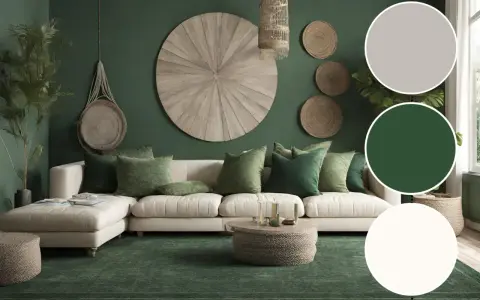 Nowoczesny zielony salon aranżacje: kremowa sofa, dywan w odcieniu lasu, plecione dekoracje ścienne i naturalne materiały tworzą przytulną atmosferę.