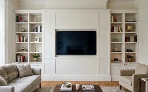 Eleganckie wnętrze w stylu angielskim z wbudowanymi białymi regałami pełnymi książek i dekoracji, centralnie umieszczonym telewizorem i wygodnymi sofami.