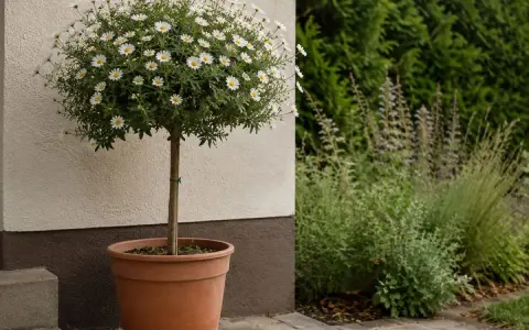 Urocza margaretka na pniu, niczym miniaturowe drzewko, kwitnie obficie białymi kwiatami. Rośnie w glinianej donicy, przy jasnej ścianie domu, a za nią rozpościera się zielony ogród.