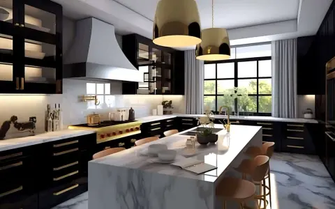 Nowoczesna kuchnia z wyspą, czarnymi szafkami i złotymi detalami. Styl dworkowy wnętrza podkreślają eleganckie lampy i marmurowe blaty.