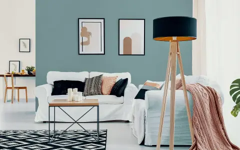 Nowoczesny salon z białymi sofami, stolikiem kawowym i dywanem. Ściana w odcieniu kolor lazurowy.