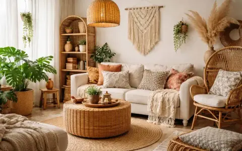 Przytulna sypialnia w stylu boho. Wygodna kanapa, rattanowe meble, makrama na ścianie i mnóstwo roślin tworzą relaksującą atmosferę.