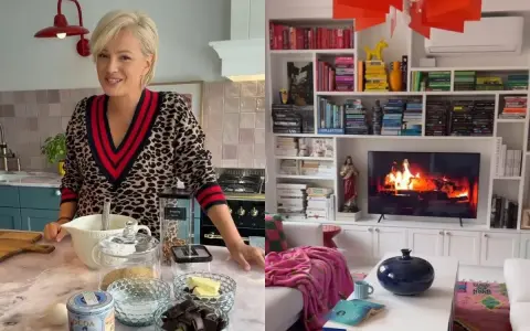 Dorota Szelągowska w kuchni, obok składniki na ciasto. Po prawej salon z kominkiem na ekranie, inspiracja na aranżacja salonu.
