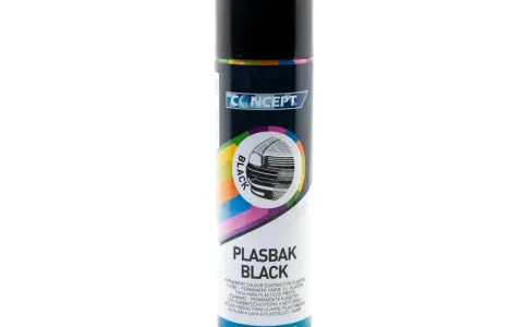 Czarna farba w sprayu Concept Plasbak Black – trwała powłoka do plastiku na zewnątrz.